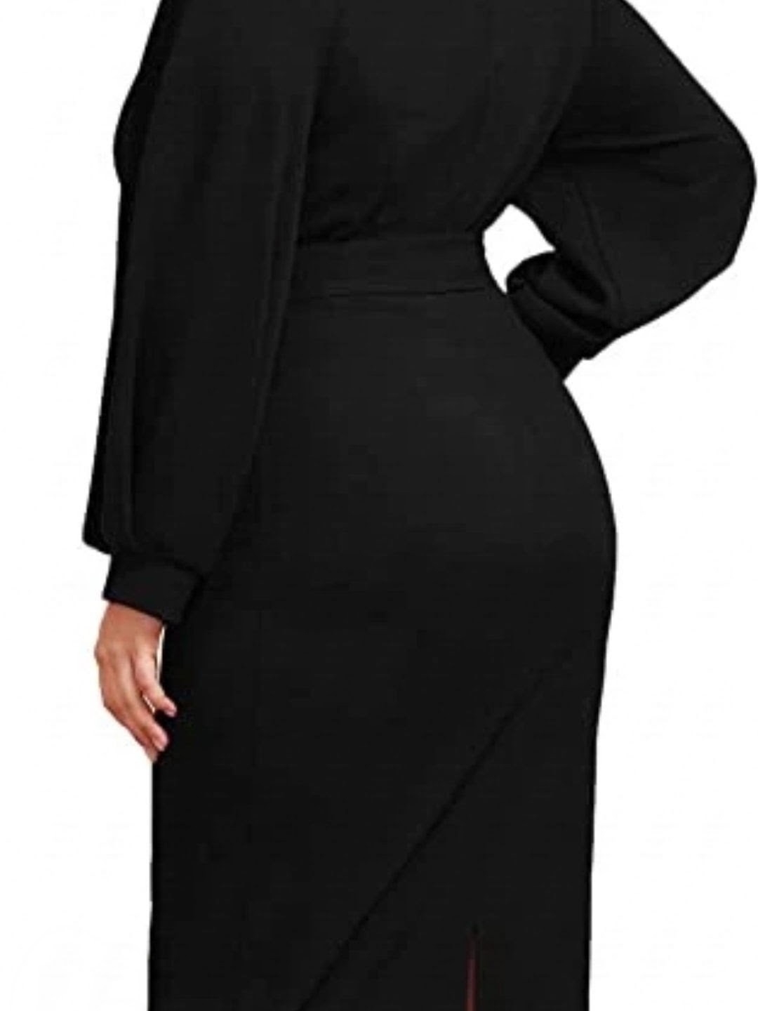 Mondressy Womens V Neck Lantern Sleeve Midi Belted Bodycon Dress Size L — image 4 of 6